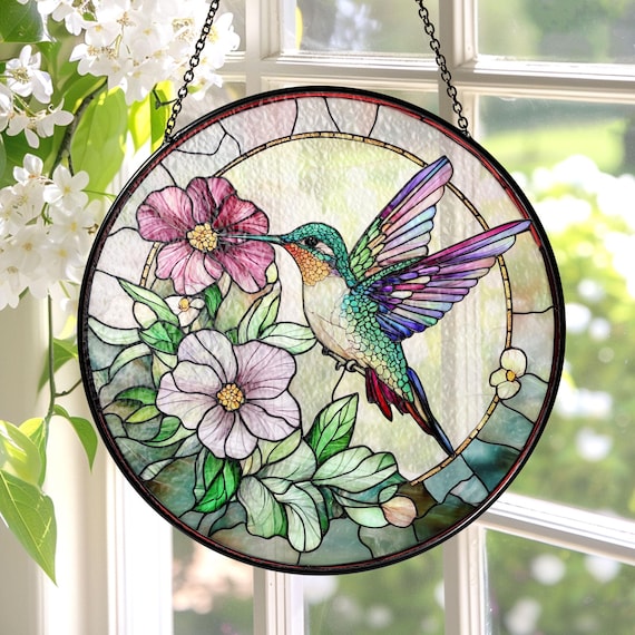 Hummingbird Stained Glass Suncatcher, Hummingbird Window Hanging, Bird Wall Art, Gifts for Mom, Indoor Decor, Memory Sympathy Gift