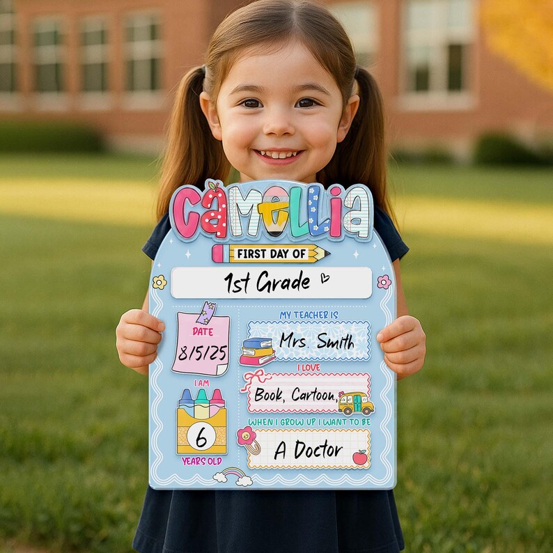 K&ouml;nnte beinhalten: Ein hellblaues Schild f&uuml;r den ersten Schultag, das von einem jungen M&auml;dchen gehalten wird. Das Schild tr&auml;gt oben den Namen "Camellia" mit "First Day of 1st Grade" darunter. Es enth&auml;lt Abschnitte f&uuml;r Datum, Lehrername, Interessen und zuk&uuml;nftige W&uuml;nsche.