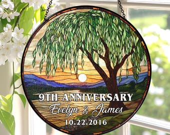 9th Anniversary Willow Glass Suncatcher, 9th Anniversary Gift For Her, Wedding Anniversary Gift, Willow Tree 9 Year/Weeping Willow Tree Gift