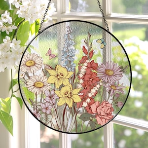 Custom Family Birth Flowers Glass Suncatcher, Grandma&#39;s Garden Gift, Flower Glass Art, Birth Flower Gift, Mother&#39;s Day Gift, Home Decor