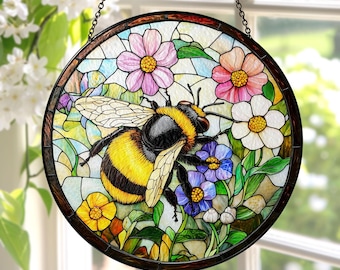 Bee Wildflower Glass Suncatcher, Bee Stained Glass, Honeybee Gift for Garden Lovers, Animal Lover Home Decoration, Teacher Gift, Home Decor