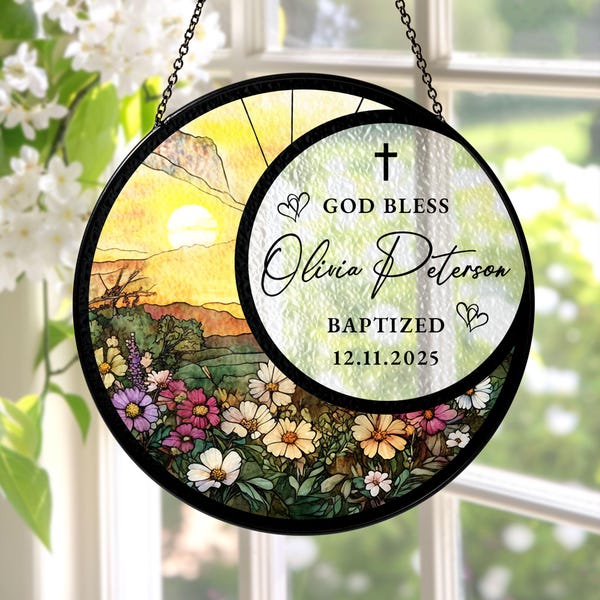 Personalized Cross Porcelain Stained Glass Suncatcher Baptism Ornament, Baptism Floral Goddaughter Gift Christening Baptized Dedication Gift