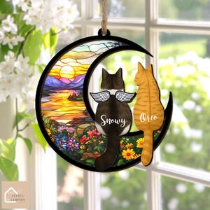 Custom Cat On Moon Suncatcher, Cat Memorial Personalized Pet Window Decor, Pet Keepsake 2 Layered Suncatcher, Memorial Gift For Cat Lover