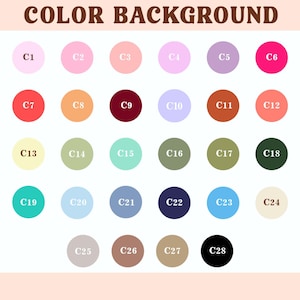 K&ouml;nnte beinhalten: Eine Farbkarte mit dem Text "COLOR BACKGROUND" oben. Die Karte zeigt 28 Farbfelder in einer Vielzahl von Farbt&ouml;nen, die jeweils mit einem "C" gefolgt von einer Nummer gekennzeichnet sind, von Hellrosa bis Schwarz.