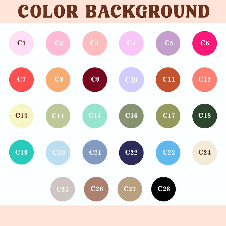 K&ouml;nnte beinhalten: Eine Farbkarte mit dem Text "COLOR BACKGROUND" oben. Die Karte zeigt 28 Farbfelder in einer Vielzahl von Farbt&ouml;nen, die jeweils mit einem "C" gefolgt von einer Nummer gekennzeichnet sind, von Hellrosa bis Schwarz.