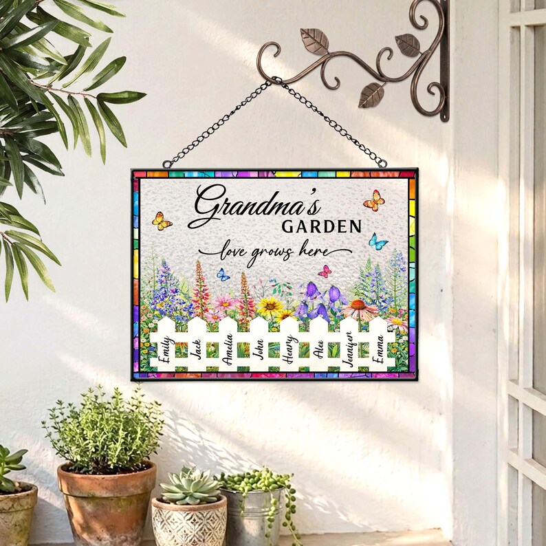 Custom Grandma's Garden Stained Glass, Personalized Love Grows Here ...