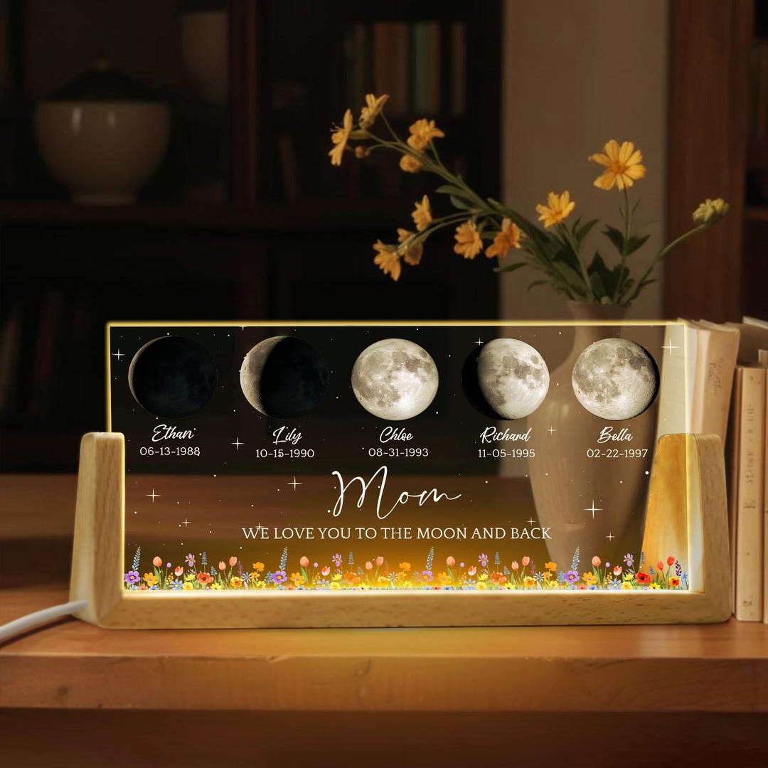 The Day You Became My Mom – Personalized Moon Phase LED Night Light, Custom Birth Date & Text, Perfect Mother's Day Gift