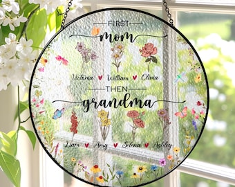 Personalized Birth Flowers Stained Glass Suncatcher, First Mom Now Grandma Garden Gift,Mother&#39;s Day Gift For Mom,Grandma Gift From Grandkids