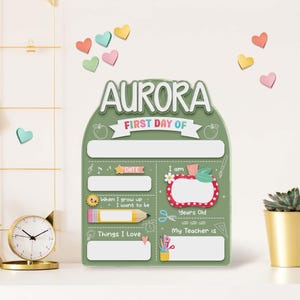 May include: A green and white 'First Day Of' sign with the name 'AURORA' at the top. The sign has sections for information like date, age, and teacher. Decorative heart-shaped magnets and a clock are in the background.