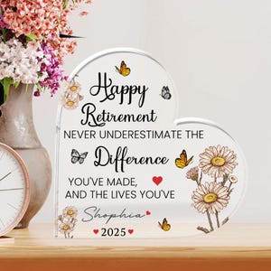 Retirement Gift, Personalized Retirement Acrylic Heart Plaque, Retirement Gift for Women, Retired Gift, Retirement Gift For Boss Co-Worker