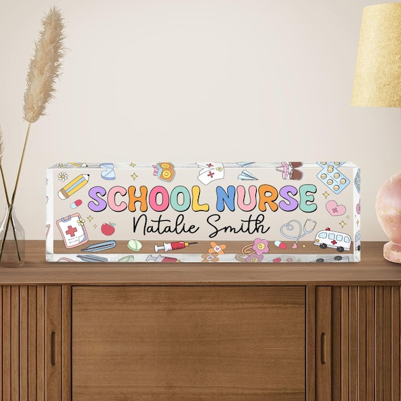 Personalized School Nurse Acrylic Desk Plaque, Custom Acrylic Name Plate Block, School Nurse Name Sign, New Nurse Gift, Nurse Desk Name Sign