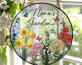Custom Family Birth Flowers Glass Suncatcher, Custom Mom's Garden Gift,Flower Glass Art,Birth Flower Gift For Nana,Mother's Day Gift For Mom
