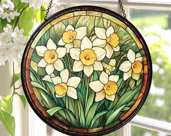 Daffodil Glass Suncatcher, Daffodil March Birth Month Flower Window Hanging, Planting Lover Gift, Flower Garden Decor, Narcissus Suncatcher