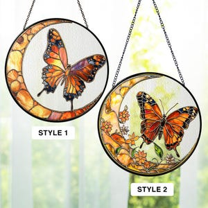 Stained Glass Monarch Butterfly Suncatcher, Monarch Glass Art Room Decor, Butterflies And Wildflowers Glass Window Hanging Nature Lover Gift