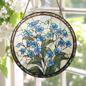Forget-Me-Not Stained Glass Suncatcher Memorial Window Decor, Handmade Floral Lover Suncatcher, Nature Inspired Art Botanical Glass Ornament