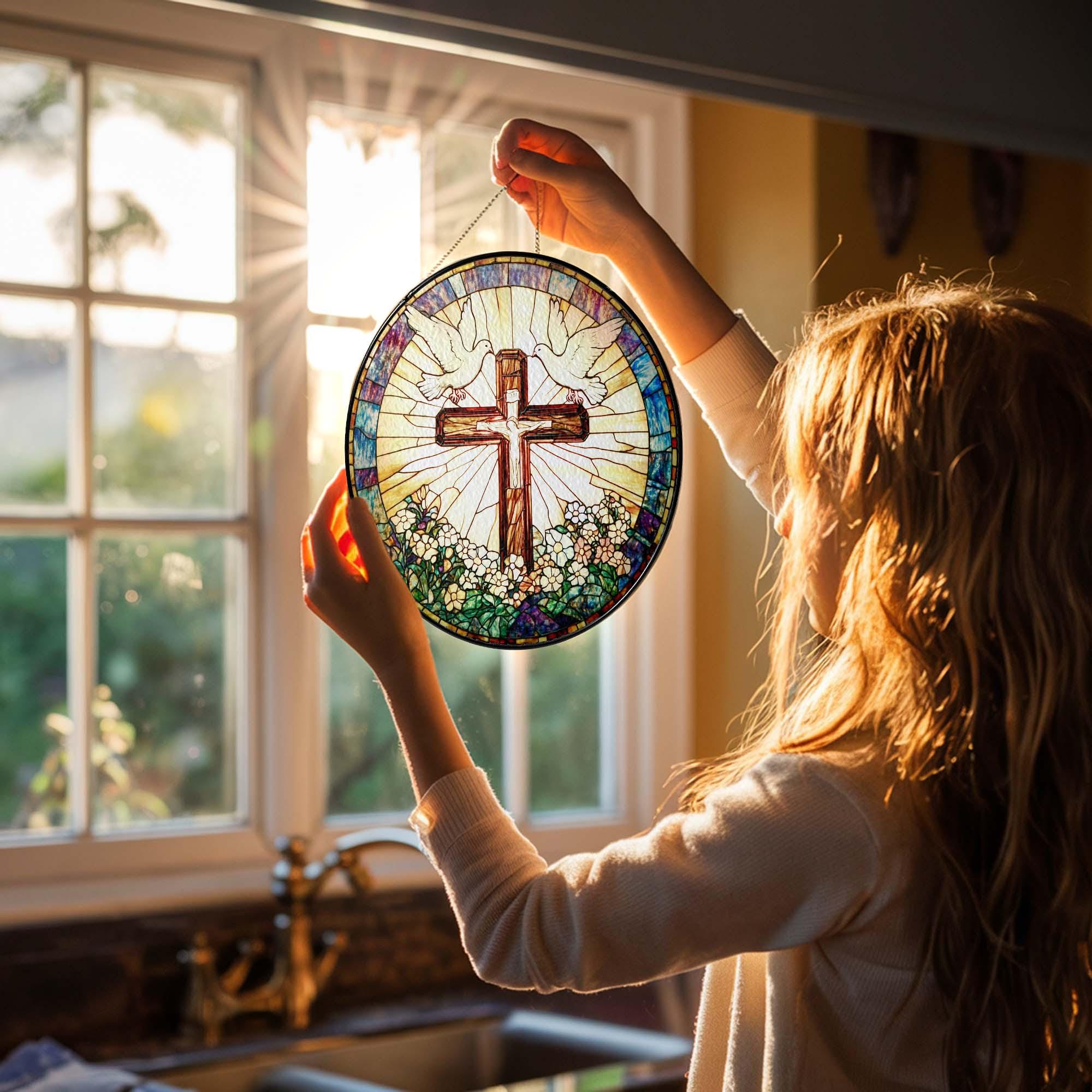 Stained Glass Cross and Wildflowers Suncatcher, Christian Glass