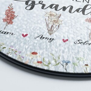 May include: A round wooden sign with the text "To my amazing grandpa" and a floral design. The names "Liam", "Amy", and "Selena" are written below the flowers.