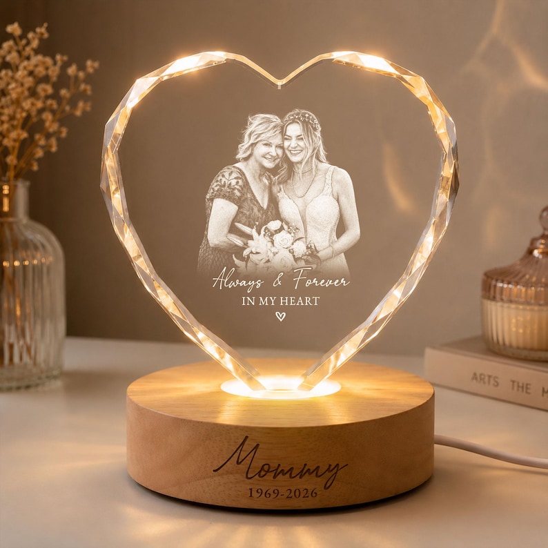 May include: A heart-shaped glass plaque with a laser-etched photograph of two people, the text "Always & Forever IN MY HEART", and a small heart icon. The plaque sits on a round wooden base engraved with "Mommy 1969-2026" and features internal lighting.