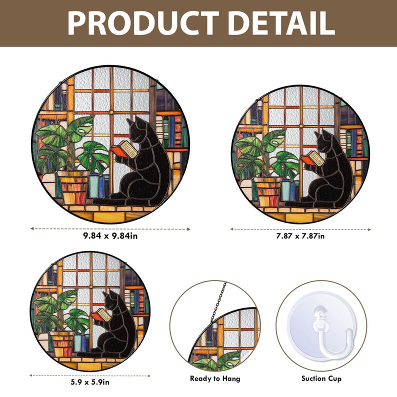 Stained Glass Black Cat and Book Suncatcher Book Lover Gift for ...