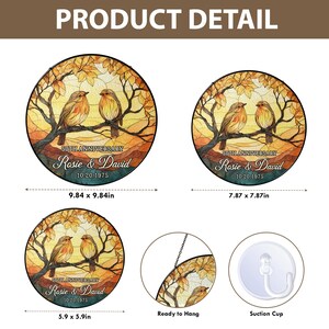 May include: Round stained glass art featuring two birds perched on a branch with autumn leaves. The design includes the text "50th Anniversary Rosie & David 10.20.1975". Available in 5.9 x 5.9 inches, 7.87 x 7.87 inches, and 9.84 x 9.84 inches.