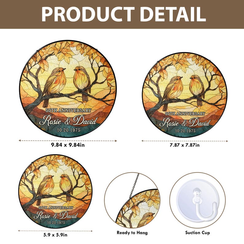 May include: Round stained glass art featuring two birds perched on a branch with autumn leaves. The design includes the text "50th Anniversary Rosie & David 10.20.1975". Available in 5.9 x 5.9 inches, 7.87 x 7.87 inches, and 9.84 x 9.84 inches.