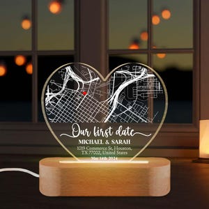 Lámpara de noche con mapa de nuestra primera cita personalizada, placa acrílica con impresión de mapa personalizada, lámpara de noche LED con mapa de dónde comenzó todo, regalo de aniversario único