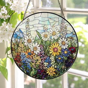 Wildflower Stained Glass Suncatcher, Wildflower Window Hanging Decor, Florist Gift, Gift for Flower Lover, Mother&#39;s Day Gift for Mom Grandma