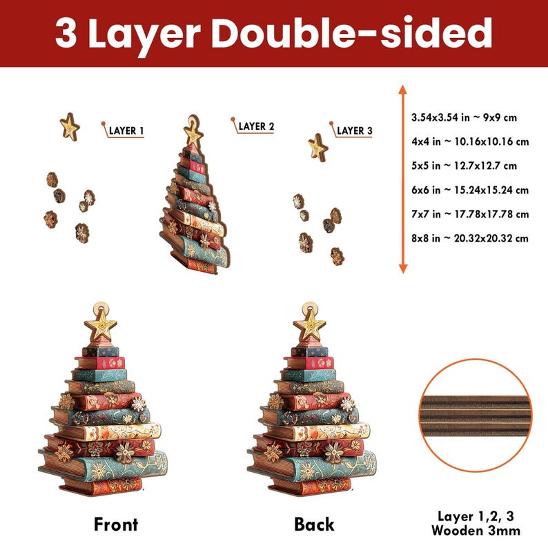 K&ouml;nnte beinhalten: Doppelseitige Weihnachtsbaumdekoration aus Holz, hergestellt aus geschichteten Holzb&uuml;chern. Der Baum ist mit einem Stern gekr&ouml;nt und mit kleinen Blumen- und Sternakzenten verziert. Gr&ouml;&szlig;en von 9x9 cm bis 20,32x20,32 cm.