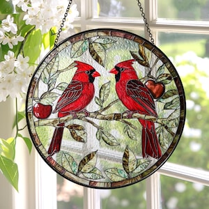 Männlicher und weiblicher Kardinal Lovebirds Glasmalerei Suncatcher, Vogel-Glasmalerei, Fensterbehang für Kardinalvogelliebhaber, Wohnkultur