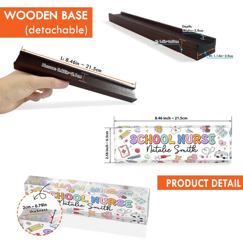May include: A wooden base with a detachable design, measuring 8.46 inches (21.5 cm) in length and 0.82 inches (2.1 cm) in width. The image also shows a rectangular block with the text "SCHOOL NURSE Natalie Smith" and medical-themed illustrations. The block is 2.56 inches (6.5 cm) wide.
