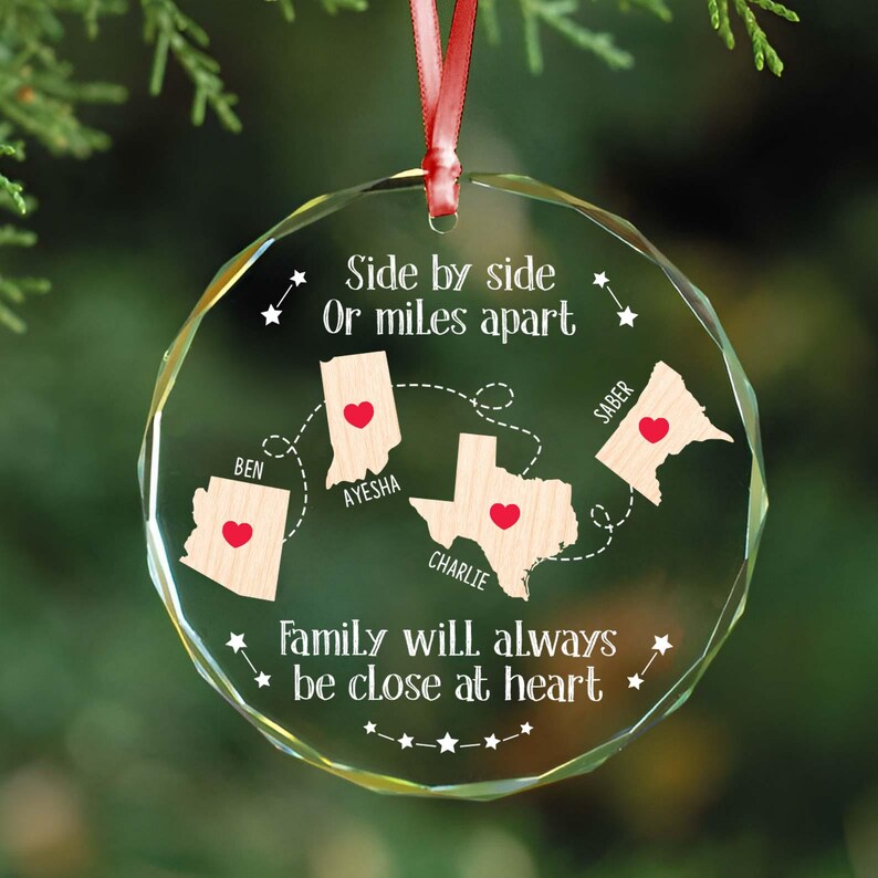 Personalized Family Long Distance Ornament, Side by Side or Miles Apart