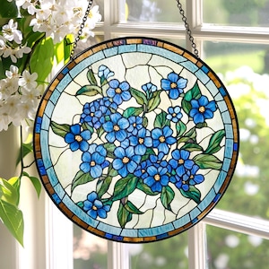 Forget-Me-Not Stained Glass Suncatcher, Window Hanging Decor, Handmade Floral Sun Catcher, Nature Inspired Art, Botanical Glass Ornament