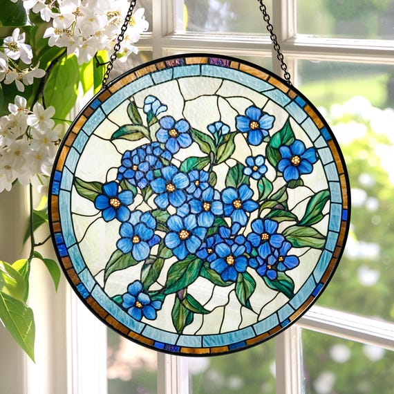 Forget-me-not Stained Glass Suncatcher, Window Hanging Decor