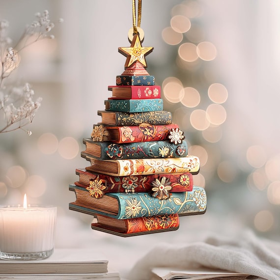 Christmas Book Tree Wood Ornament, Christmas Tree Book Gift, Book Lover Gift, Book Club Ornament, Bookish Ornament, Book Exchange Gifts
