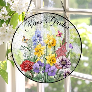 Custom Family Birth Flowers Glass Suncatcher, Custom Mom's Garden Gift,Flower Glass Art,Birth Flower Gift For Nana,Mother's Day Gift For Mom