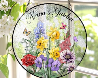 Custom Family Birth Flowers Glass Suncatcher, Custom Mom's Garden Gift,Flower Glass Art,Birth Flower Gift For Nana,Mother's Day Gift For Mom