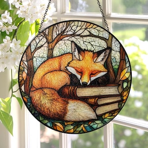 Stained Glass Fox Reading Book On Moon Suncatcher, Fox Book Decor Book Lover Gift, Library Decor, Librarian Gift, Bookish Gift For Booknerd