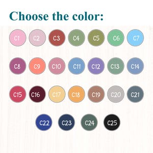 May include: Image displaying a color chart with 25 color options, each labeled with a 'C' followed by a number. The text "Choose the color:" is at the top. Colors range from pinks and blues to greens and browns.