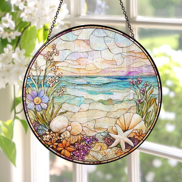 Beach Stained Glass Suncatcher, Beach Palm Tree Sunset, Starfish Coastal Window Decor, Summer Lover Gift, Bridesmaid Proposal Bridal Gift