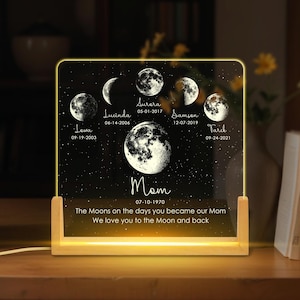Personalized Moon Phase LED Night Light,Custom Lunar By Date Moons Phase with Kids Names,Mother's Day Gift,Family Moon Pharse Gift,Mom Gift
