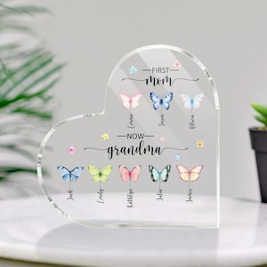 Custom Butterfly Acrylic Heart Block, First Mom Now Grandma Gift, Butterflies Mother&#39;s Day Gift, Birthday Gift for Mom, Nana Grandma Gift