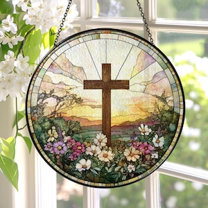 Stained Glass Cross And Wildflowers Suncatcher Christian Glass Window Hanging Flower Cross Religious Faith Gift Cross Christmas Home Decor