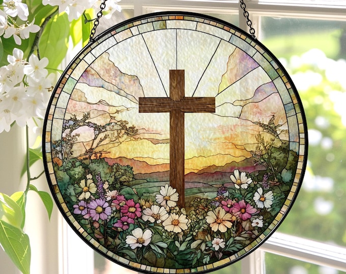 Green Beveled Cross Stained Glass Suncatcher With Dove and Olive Branch ...