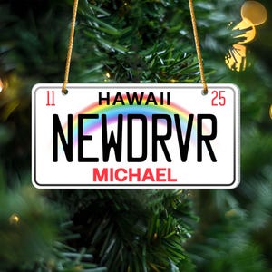 May include: A white license plate ornament with the text "HAWAII" above a rainbow graphic. The plate reads "NEWDRVR" in large black letters and "MICHAEL" in red. Numbers "11" and "25" are in the corners.