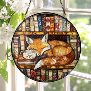 Stained Glass Fox On Book Suncatcher, Window Decor Book Club Gift, Fantasy Book Lover Gift Glass Suncatcher, Book Reader Bookish Gift Art
