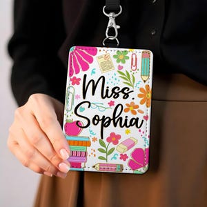 Presente personalizado de volta às aulas para professores, porta-carteira de couro personalizado para professores, acessórios personalizados para cordões de professores, materiais escolares para professores