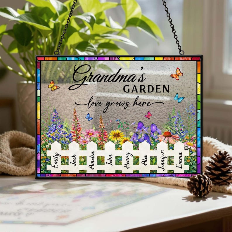 Custom Grandma's Garden Stained Glass, Personalized Love Grows Here ...