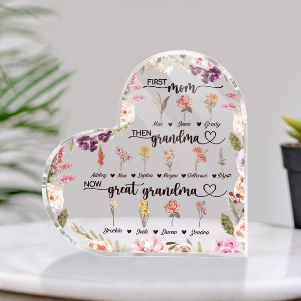 Personalized First Mom, Then Grandma, Now Great Grandma Birth Month Flowers Heart Acrylic Plaque For Great Grandmother, Grandma Gifts