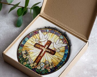 Stained Glass Cross and Wildflowers Suncatcher, Christian Glass