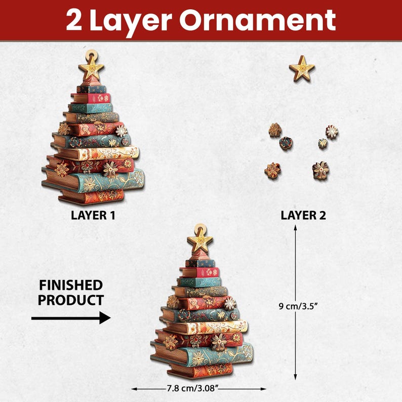 K&ouml;nnte beinhalten: Ein Weihnachtsbaumschmuck aus Holz, der aus gestapelten B&uuml;chern besteht und oben einen Stern hat. Das fertige Produkt ist 9 cm hoch und 7,8 cm breit. Das Bild zeigt auch die beiden Schichten des Ornaments.